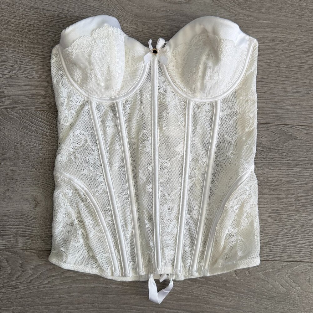 Victoria’s Secret I Do Ivory Lace Bridal Bustier Corset 34B Lace Up Back Straple
